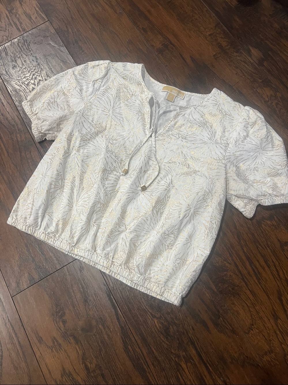 Michael Kors white/gold palm blouse top size M work office
